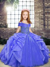 Simple Blue Lace Up Straps Beading and Ruffles Little Girl Pageant Dress Organza Sleeveless