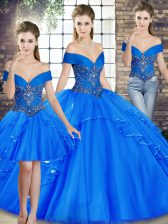  Royal Blue Tulle Lace Up Quinceanera Gown Sleeveless Floor Length Beading and Ruffles