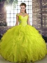  Yellow Green Off The Shoulder Neckline Beading and Ruffles Sweet 16 Dresses Sleeveless Lace Up