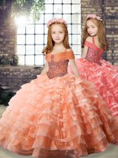Hot Selling Orange Lace Up Straps Beading and Ruffled Layers Child Pageant Dress Organza Long Sleeves Brush Train