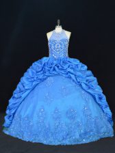 Vintage Blue Lace Up Sweet 16 Dress Beading and Appliques and Embroidery and Pick Ups Sleeveless Floor Length