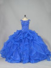 Nice Scoop Sleeveless Brush Train Lace Up Sweet 16 Quinceanera Dress Royal Blue Organza