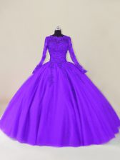 Dramatic Purple Long Sleeves Tulle Zipper Quinceanera Gown for Sweet 16 and Quinceanera