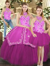  Floor Length Lace Up Quinceanera Gowns Fuchsia for Military Ball and Sweet 16 and Quinceanera with Embroidery