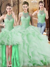  Apple Green Sweet 16 Dress Halter Top Sleeveless Brush Train Lace Up