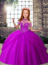 Affordable Purple Tulle Lace Up High-neck Sleeveless Floor Length Kids Pageant Dress Beading