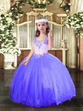 Popular Blue Lace Up Evening Gowns Beading Sleeveless Floor Length