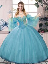  Blue Sweetheart Neckline Beading and Ruching Vestidos de Quinceanera Long Sleeves Lace Up