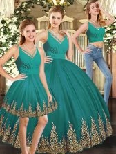  V-neck Sleeveless Tulle Quinceanera Gown Embroidery Backless