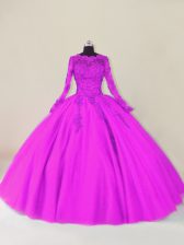  Purple Ball Gowns Lace and Appliques Ball Gown Prom Dress Zipper Tulle Long Sleeves Floor Length
