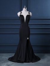 Exceptional Brush Train Mermaid Homecoming Dress Black Straps Satin Sleeveless Zipper