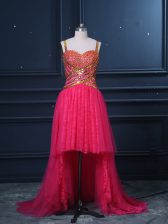  Hot Pink Sleeveless Beading and Lace and Sequins High Low Prom Dresses