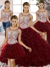Inexpensive Scoop Sleeveless Quinceanera Dress Floor Length Beading and Ruffles Burgundy Organza