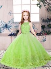  Floor Length Yellow Green Little Girls Pageant Gowns Tulle Sleeveless Lace and Appliques