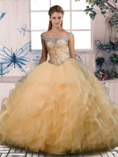  Gold Lace Up Off The Shoulder Beading and Ruffles Sweet 16 Quinceanera Dress Tulle Sleeveless