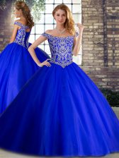  Off The Shoulder Sleeveless Brush Train Lace Up Sweet 16 Quinceanera Dress Royal Blue Tulle