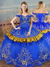  Off The Shoulder Sleeveless Lace Up Quinceanera Dresses Blue Satin