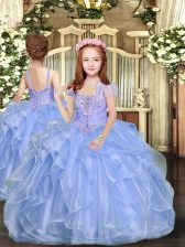  Floor Length Blue Pageant Dress Straps Sleeveless Lace Up