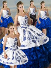 Eye-catching Blue And White Organza Lace Up Quinceanera Gown Sleeveless Floor Length Embroidery and Ruffles