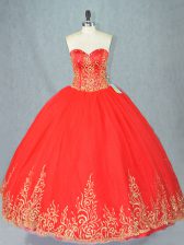 Fashion Sweetheart Sleeveless Lace Up Quinceanera Dress Red Tulle