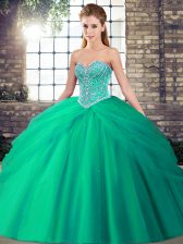  Beading and Pick Ups Ball Gown Prom Dress Turquoise Lace Up Sleeveless Brush Train