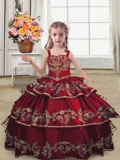  Burgundy Straps Neckline Embroidery and Ruffled Layers Girls Pageant Dresses Sleeveless Lace Up