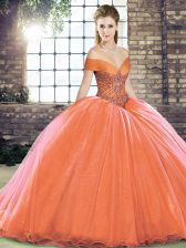 Orange Red Off The Shoulder Neckline Beading Sweet 16 Quinceanera Dress Sleeveless Lace Up