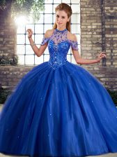  Beading Sweet 16 Quinceanera Dress Royal Blue Lace Up Sleeveless Brush Train