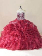 Dramatic Wine Red Sweet 16 Quinceanera Dress Sweet 16 and Quinceanera with Beading and Appliques and Ruffles Sweetheart Sleeveless Brush Train Lace Up
