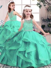 Aqua Blue Sleeveless Beading and Ruffles Floor Length Child Pageant Dress