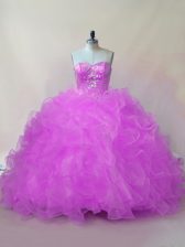  Lilac Ball Gowns Beading and Ruffles Sweet 16 Dress Lace Up Organza Sleeveless Floor Length