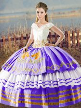 Low Price V-neck Sleeveless Lace Up Quinceanera Dress White And Purple Satin