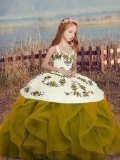 Hot Sale Olive Green Straps Neckline Embroidery and Ruffles Little Girls Pageant Gowns Sleeveless Lace Up