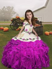 Best Fuchsia Sleeveless Embroidery and Ruffles Floor Length Little Girl Pageant Dress
