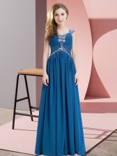 Captivating Blue Cap Sleeves Beading Floor Length Prom Party Dress