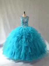 Superior Baby Blue Sleeveless Floor Length Beading and Ruffles Lace Up 15th Birthday Dress