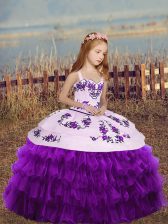  Sleeveless Organza Floor Length Lace Up Little Girl Pageant Gowns in Eggplant Purple with Embroidery and Ruffled Layers