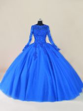 Perfect Lace and Appliques Quinceanera Gowns Royal Blue Zipper Long Sleeves Floor Length