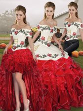 Romantic White And Red Quince Ball Gowns Military Ball and Sweet 16 and Quinceanera with Embroidery and Ruffles Off The Shoulder Sleeveless Lace Up