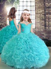 Superior Sleeveless Lace Up Floor Length Beading and Ruching Little Girls Pageant Gowns