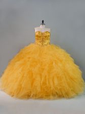 Designer Floor Length Lace Up 15 Quinceanera Dress Gold for Sweet 16 and Quinceanera with Beading and Ruffles
