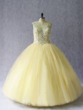  Light Yellow Sleeveless Floor Length Beading Lace Up Quinceanera Gowns