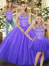  Lavender Three Pieces Tulle Halter Top Sleeveless Beading Floor Length Lace Up Quinceanera Dresses