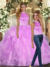 Elegant Lilac Halter Top Neckline Beading and Ruffles Quinceanera Gowns Sleeveless Backless