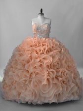 Chic Peach Sweet 16 Dress Sweet 16 and Quinceanera with Beading Sweetheart Sleeveless Brush Train Lace Up