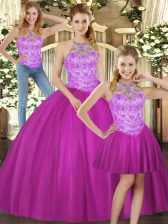  Sleeveless Tulle Floor Length Lace Up Vestidos de Quinceanera in Fuchsia with Beading