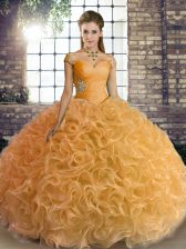 Charming Gold Lace Up Off The Shoulder Beading Quinceanera Gowns Fabric With Rolling Flowers Sleeveless