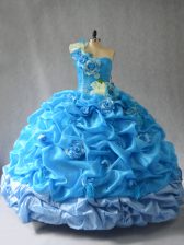Dynamic Baby Blue One Shoulder Lace Up Pick Ups and Hand Made Flower 15th Birthday Dress Sleeveless