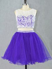 New Arrival Purple Organza Zipper Scoop Sleeveless Mini Length Prom Evening Gown Lace and Appliques