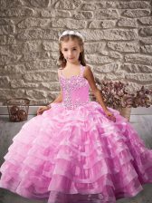 Customized Lilac Ball Gowns Straps Sleeveless Organza Brush Train Lace Up Beading and Ruffled Layers Little Girls Pageant Gowns